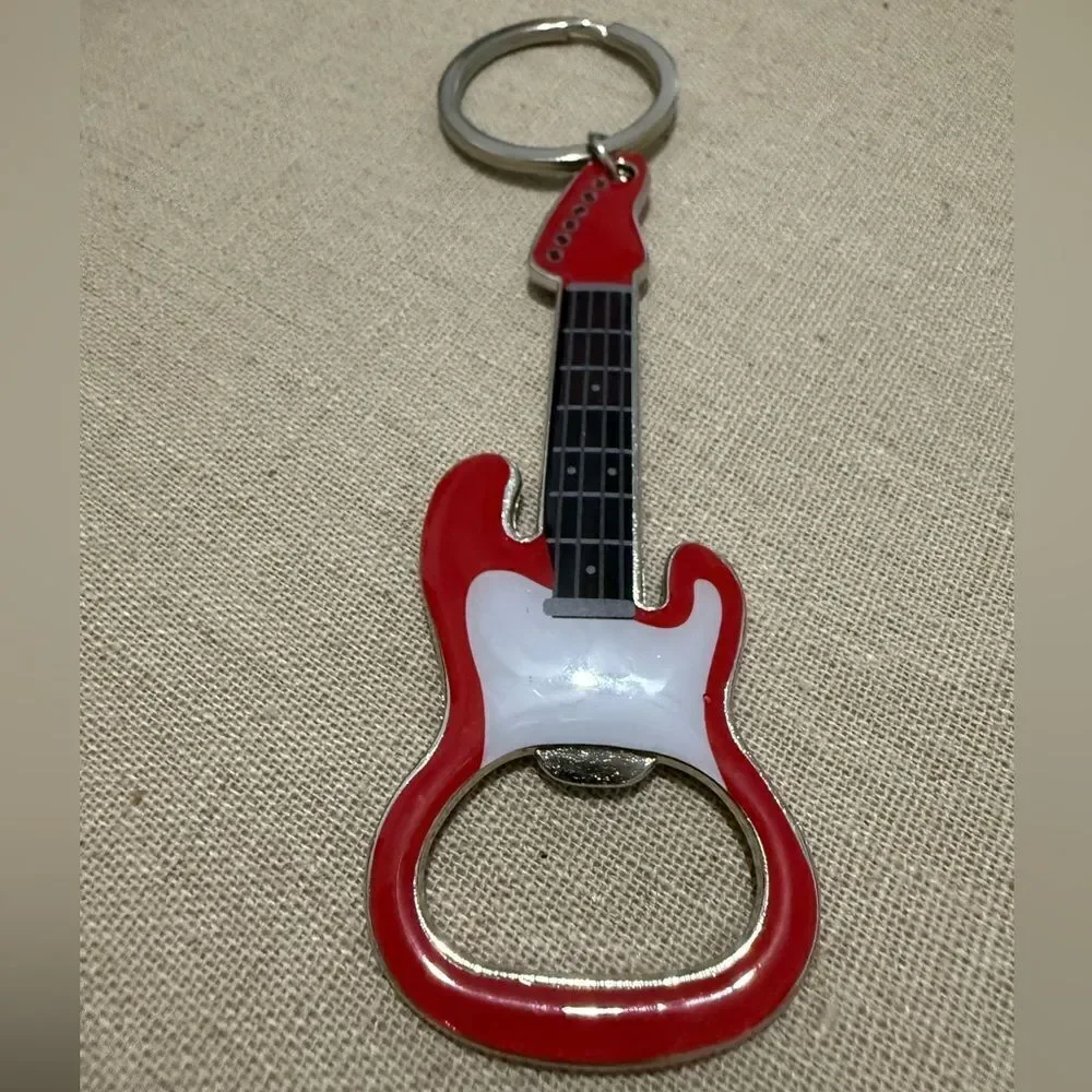 Guitar Bottle Opener Keychain Red & White – Rockin’ Accessory for Music Lovers